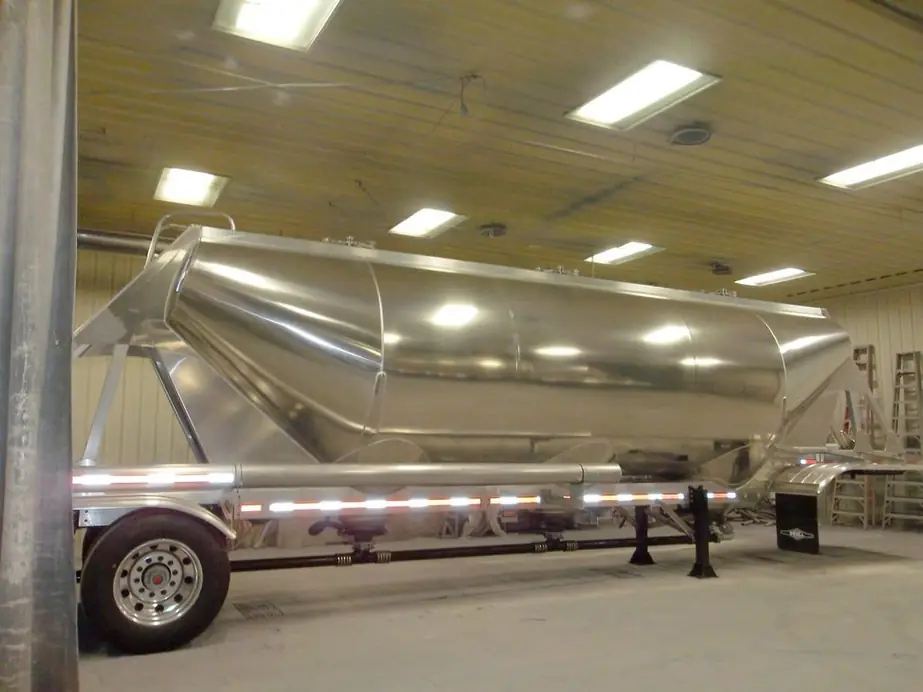 Polished bulk trailer inside the Spies Painting shop