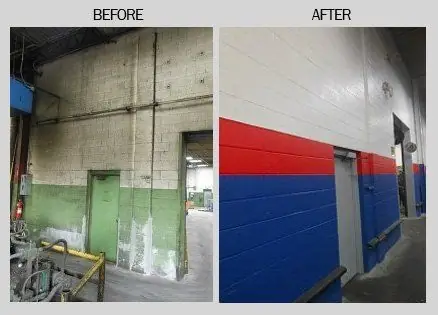Before and after of an industrial block wall, green and grey paint changed to red and blue